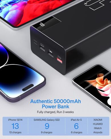 50000mAh Power Bank Portable Charger: 22.5 W Fast Charging External Battery - Powerbank with Flashlight and Large Capacit-Black in Saudi Arabia