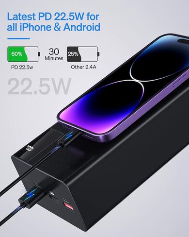 50000mAh Power Bank Portable Charger: 22.5 W Fast Charging External Battery - Powerbank with Flashlight and Large Capacit-Black in Saudi Arabia