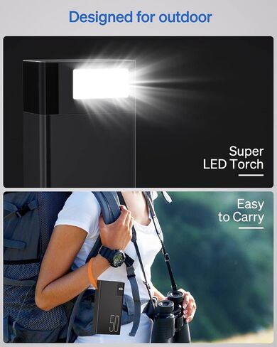 50000mAh Power Bank Portable Charger: 22.5 W Fast Charging External Battery - Powerbank with Flashlight and Large Capacit-Black in Saudi Arabia