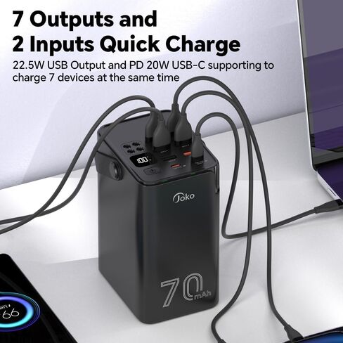 JOKO 70000mAh Power Bank High Capacity 20W PD 3.0 Fast Charging 22.5W Max Large Power Bank,7 Outputs 2 Inputs,LED Display,USB-C Battery Packs for iPhone, Samsung, Outdoors，Camping in Saudi Arabia