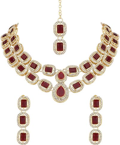 I Jewels مجوهرات زفاف هندية مطلية بالذهب بوليوود ستون قلادة مع حلق ومجموعة Maang Tikka للنساء والفتيات in Saudi Arabia