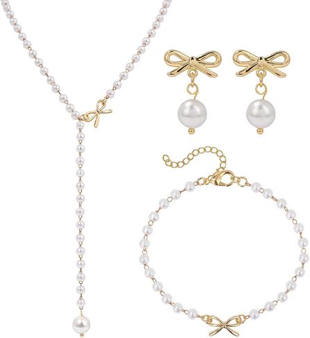 Pearl Jewelry Set for Women Wedding Pearl Necklace Bracelet Earrings Set Bride Bridesmaid Dainty Jewelry Gift for Women Girl in Saudi Arabia