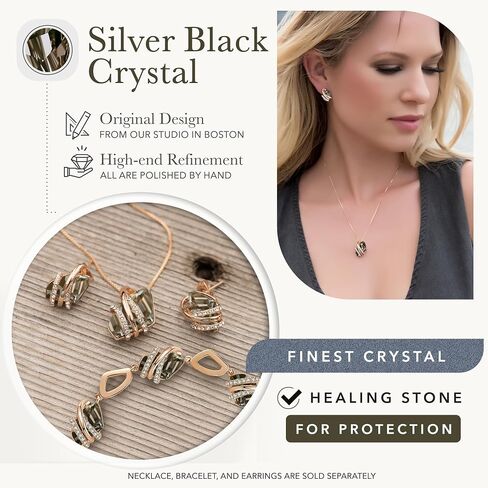 Leafael Wish Stone Necklace and Stud Earrings Jewelry Set for Women, Silver Black Crystal Crystal Jewelry, Silver Tone Gifts for Women in Saudi Arabia