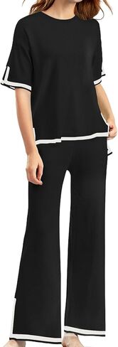 CHERFLY Women's 2 Piece Outfits 2024 Summer Short Sleeve Knit Pullover Top Wide Leg Pants Lounge Sets Tracksuits in Saudi Arabia