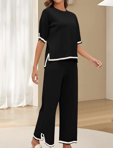 CHERFLY Women's 2 Piece Outfits 2024 Summer Short Sleeve Knit Pullover Top Wide Leg Pants Lounge Sets Tracksuits in Saudi Arabia