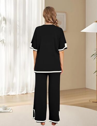 CHERFLY Women's 2 Piece Outfits 2024 Summer Short Sleeve Knit Pullover Top Wide Leg Pants Lounge Sets Tracksuits in Saudi Arabia