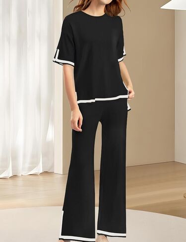 CHERFLY Women's 2 Piece Outfits 2024 Summer Short Sleeve Knit Pullover Top Wide Leg Pants Lounge Sets Tracksuits in Saudi Arabia
