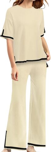 CHERFLY Women's 2 Piece Outfits 2024 Summer Short Sleeve Knit Pullover Top Wide Leg Pants Lounge Sets Tracksuits in Saudi Arabia