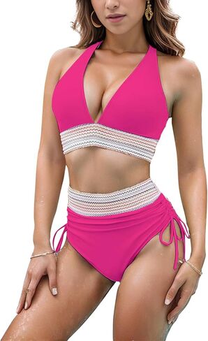 Womens Colorblock Bikini Sets Ruched Drawstring Two Piece High Waisted Bathing Suit in Saudi Arabia