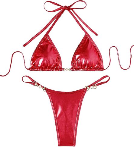 SOLY HUX Women's Metallic Triangle Bikini Set Tie Knot Halter High Cut Bathing Suits 2 Piece Cheeky Swimsuit in Saudi Arabia