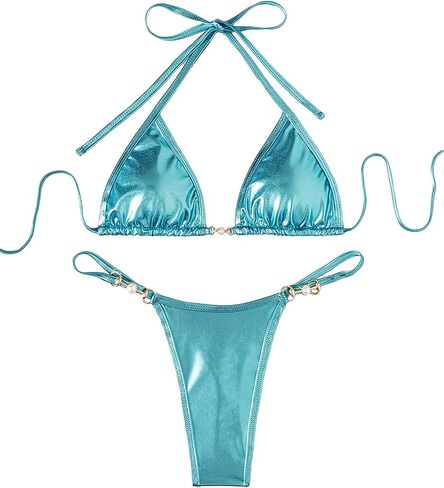 SOLY HUX Women's Metallic Triangle Bikini Set Tie Knot Halter High Cut Bathing Suits 2 Piece Cheeky Swimsuit in Saudi Arabia
