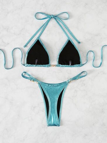 SOLY HUX Women's Metallic Triangle Bikini Set Tie Knot Halter High Cut Bathing Suits 2 Piece Cheeky Swimsuit in Saudi Arabia