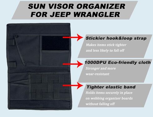 Sun Visor Organizer for Jeep,Tactical Visor Storage Cover for Jeep Wrangler JK JL & Gladiator JT,Visor Storage Pouch Holder,Auto Interior Pocket Organizer,Black,1PCS in Kuwait