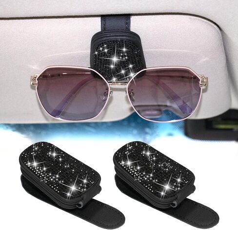 XYZCTEM Sunglass Holder for Car, Bling Glasses Holder for Car Sun Visor, 2PCS Handcrafted Crystal Rhinestones Fashion Car Sunglasses Mount, Auto Interior Accessories for Women Girl (Black/Black) in Saudi Arabia