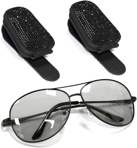 XYZCTEM Sunglass Holder for Car, Bling Glasses Holder for Car Sun Visor, 2PCS Handcrafted Crystal Rhinestones Fashion Car Sunglasses Mount, Auto Interior Accessories for Women Girl (Black/Black) in Saudi Arabia