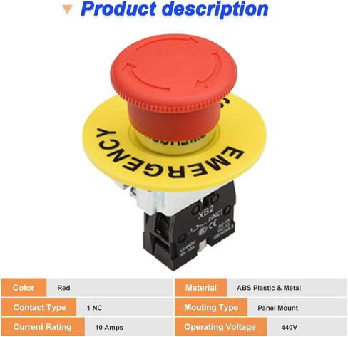 1NC 22mm Red Mushroom Emergency Stop Push Button Switch, Latching Push Button Switch Normally Closed Safety Stop Switch 10A 440V (5 Pack) in Saudi Arabia