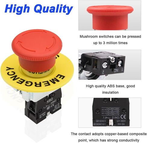 1NC 22mm Red Mushroom Emergency Stop Push Button Switch, Latching Push Button Switch Normally Closed Safety Stop Switch 10A 440V (5 Pack) in Saudi Arabia