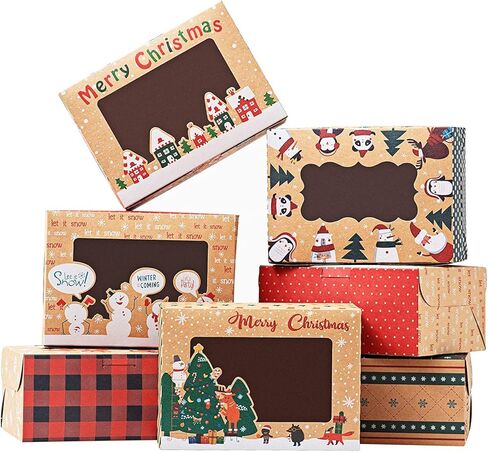 TOMNK 18pcs Christmas Cookie Box for Gift Giving Christmas Bakery Boxes with Window Large Kraft Holiday Baking Box with Lids for Cupcakes Dessert Treat Pastry and Party Favor 8.3 x 5.9 x3.7 Inches in Saudi Arabia