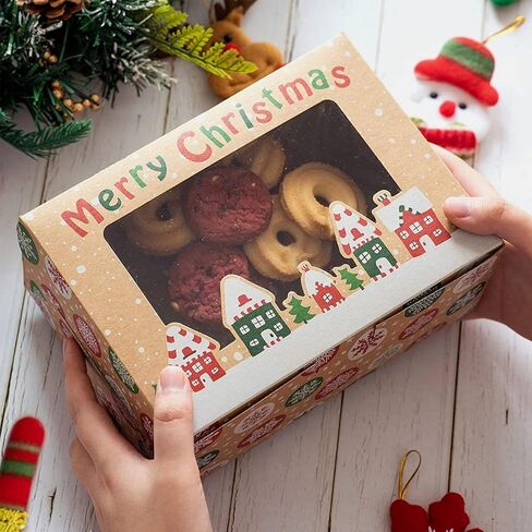 TOMNK 18pcs Christmas Cookie Box for Gift Giving Christmas Bakery Boxes with Window Large Kraft Holiday Baking Box with Lids for Cupcakes Dessert Treat Pastry and Party Favor 8.3 x 5.9 x3.7 Inches in Saudi Arabia