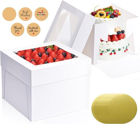 16 قطعة من علب الكيك الطويلة 10x10x8 بوصة مع ألواح الكيك (8 قطع من علب الكيك البيضاء، 8 قطع من ألواح الكيك)، صناديق خبز بيضاء مع نافذة، حاوية حامل الكيك لحفلات أعياد الميلاد وحفلات الزفاف وعيد الحب in Kuwait
