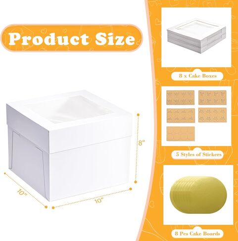 16 قطعة من علب الكيك الطويلة 10x10x8 بوصة مع ألواح الكيك (8 قطع من علب الكيك البيضاء، 8 قطع من ألواح الكيك)، صناديق خبز بيضاء مع نافذة، حاوية حامل الكيك لحفلات أعياد الميلاد وحفلات الزفاف وعيد الحب in Kuwait
