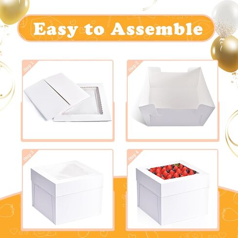 16 قطعة من علب الكيك الطويلة 10x10x8 بوصة مع ألواح الكيك (8 قطع من علب الكيك البيضاء، 8 قطع من ألواح الكيك)، صناديق خبز بيضاء مع نافذة، حاوية حامل الكيك لحفلات أعياد الميلاد وحفلات الزفاف وعيد الحب in Kuwait