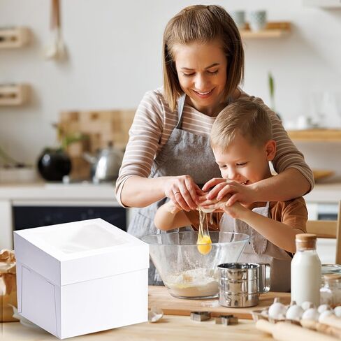 16 قطعة من علب الكيك الطويلة 10x10x8 بوصة مع ألواح الكيك (8 قطع من علب الكيك البيضاء، 8 قطع من ألواح الكيك)، صناديق خبز بيضاء مع نافذة، حاوية حامل الكيك لحفلات أعياد الميلاد وحفلات الزفاف وعيد الحب in Kuwait