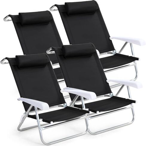 4 Pack Beach Chair for Adults Portable Camping Chair, Heavy Duty Beach Chair with 6 Adjustable Position Folding Lawn Chairs Outdoor Reclining Chairs for Sunbathing Travelling(Black) in Saudi Arabia