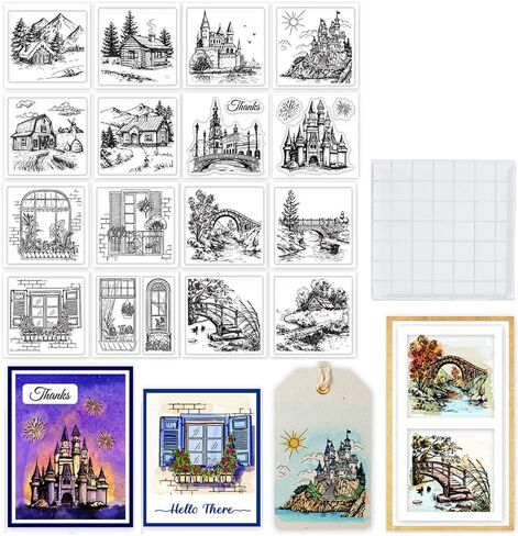 GLOBLELAND 16Pcs Mini Castle Houses Bridge Clear Stamps with 1Pc Acrylic Stamping Block for DIY Scrapbooking Buildings Silicone Stamp Seals Transparent Stamp for Cards Making Photo Album 2.2x2.2inch in Saudi Arabia