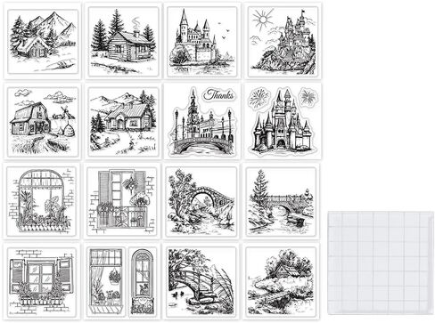 GLOBLELAND 16Pcs Mini Castle Houses Bridge Clear Stamps with 1Pc Acrylic Stamping Block for DIY Scrapbooking Buildings Silicone Stamp Seals Transparent Stamp for Cards Making Photo Album 2.2x2.2inch in Saudi Arabia