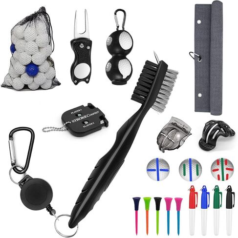 طقم تنظيف إكسسوارات الجولف 17 في 1، منشفة جولف، فرشاة تنظيف، أداة إصلاح ديفت، مجموعة محاذاة كرة الجولف، عداد النقاط، حامل كرة الجولف، تي شيرت، بطانات وأقلام كرة الجولف للرجال والنساء in Kuwait
