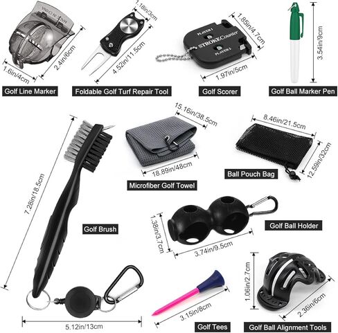 طقم تنظيف إكسسوارات الجولف 17 في 1، منشفة جولف، فرشاة تنظيف، أداة إصلاح ديفت، مجموعة محاذاة كرة الجولف، عداد النقاط، حامل كرة الجولف، تي شيرت، بطانات وأقلام كرة الجولف للرجال والنساء in Kuwait