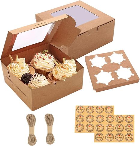 24 عبوة من 4 صناديق كب كيك للمخبوزات، صناديق كوكي مع نافذة 6 × 6 × 3 صناديق كيك، حامل كب كيك، حاويات للخبز، صناديق حلوى كرافت بنية لكعك الماكرون، دونات، قنابل الشوكولاتة in Kuwait