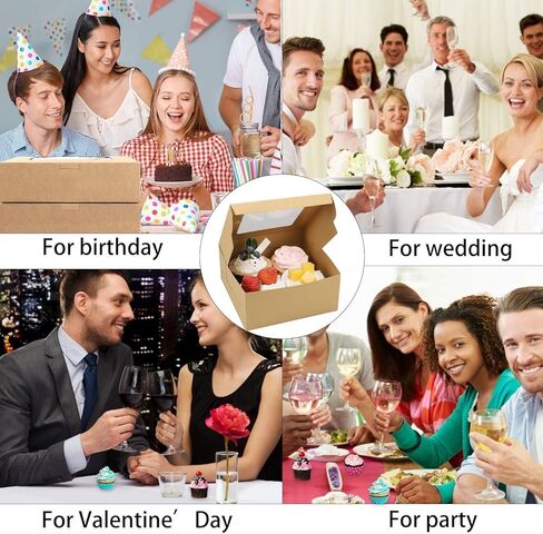 24 عبوة من 4 صناديق كب كيك للمخبوزات، صناديق كوكي مع نافذة 6 × 6 × 3 صناديق كيك، حامل كب كيك، حاويات للخبز، صناديق حلوى كرافت بنية لكعك الماكرون، دونات، قنابل الشوكولاتة in Kuwait