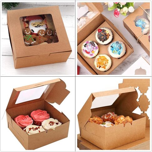 24 عبوة من 4 صناديق كب كيك للمخبوزات، صناديق كوكي مع نافذة 6 × 6 × 3 صناديق كيك، حامل كب كيك، حاويات للخبز، صناديق حلوى كرافت بنية لكعك الماكرون، دونات، قنابل الشوكولاتة in Kuwait
