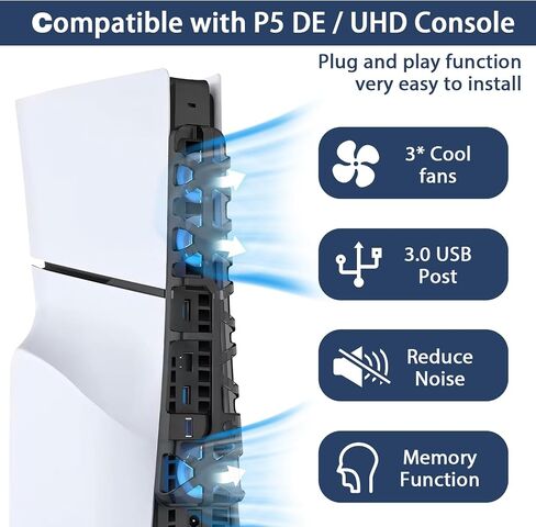 Cooling Fan for PS5 Slim Console, Quiet Cooling System with Memory Function and LED Light, Cooler Accessories with 3 High-Speed Fans & USB 3.0 Port for PS5 Slim Digital & Discs Edition in Saudi Arabia