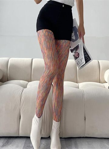 Women's Rainbow Color Fishnet Tights Stockings Gradient Hollowed Out Hottie Mesh Pantyhose in Saudi Arabia