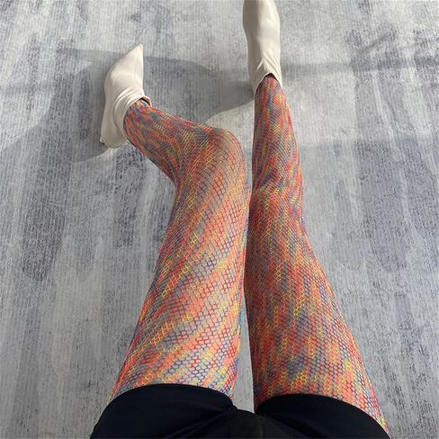 Women's Rainbow Color Fishnet Tights Stockings Gradient Hollowed Out Hottie Mesh Pantyhose in Saudi Arabia