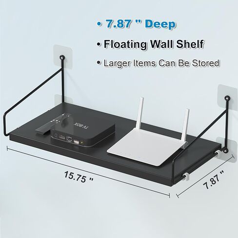 Black Floating Shelf for AV Device, Wooden Wall Shelves for Projector, DVD Player, Cable Boxes, Modem, WiFi Router, Wall Mounted Shelf for Living Room, Bedroom, Bathroom (1 Tier) in Kuwait