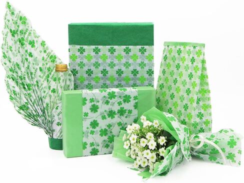 St. Patrick's Day Tissue Paper 50 Sheet Green Shamrock Clover Pattern Art Tissue Bulk Irish Spring Holiday Wrapping Paper for DIY Crafts Party Gift Bag Packing Birthday Favors, 20 x 20" in Saudi Arabia