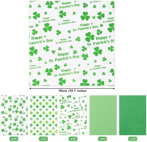 St. Patrick's Day Tissue Paper 50 Sheet Green Shamrock Clover Pattern Art Tissue Bulk Irish Spring Holiday Wrapping Paper for DIY Crafts Party Gift Bag Packing Birthday Favors, 20 x 20" in Saudi Arabia