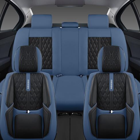 Comfortable Leather Auto Car Seat Covers Front & Rear Seat Protector Fit Sedan SUV 5 Seats Full Set Universal Fit (Black & Blue) in Saudi Arabia