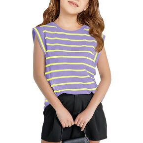 Haloumoning Girls Cap Sleeve T Shirts Summer Striped Tank Tops Tees 4-14 Years