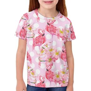 Girls Teens Pink Flamingo Printed Summer Short Sleeve T-Shirts Cute 3-16 Years