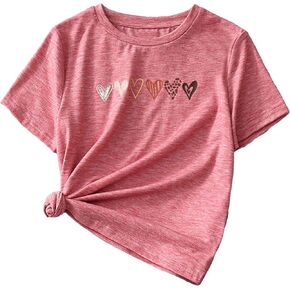 OYOANGLE Girl's Heart Print Short Sleeve Round Neck T-Shirt Funny Graphic Tees Cute Top