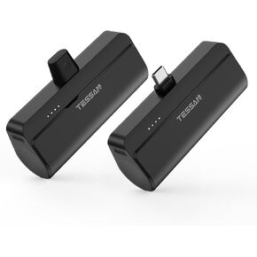 TESSAN Mini Portable Charger with Built-in USB-C Connector, 5000mAh Small Power Bank, Ultra Compact Battery Pack, for iPhone 15/15 Plus/15 Pro/15 Pro Max/Samsung/iPad/AirPods/Google/LG and More, 2Pack