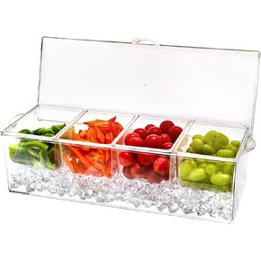 Jucoan Large Ice Chilled Condiment Server with Lid and 4 Removable Compartment, Clear Plastic Condiment Server Caddy Tray Container on Ice with Lid, Garnish Dispenser Tray for Home Restaurant