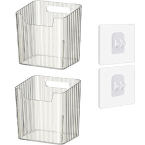 Set of 2 Storage Organizer Bins Wall Mounted Floating Shelves Fridge Organizer Stackable Clear Plastic Storage Bins for Wall, Refrigerator, Kitchen, Bathroom, Countertops, Pantry, BPA Free (Clear)