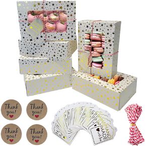 Bakery Boxes with Window 25 Set, Paper Cupcake Cookie Boxes with Decorative Cards and Stickers, Pastry Dessert Boxes for Gift Giving Chocolate Cupcakes Donuts Baked Goods, 9x6x3 Inch