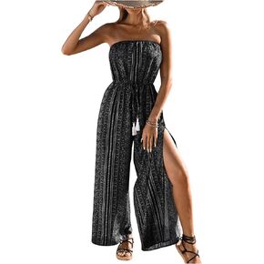 Floerns Women's Tribal Print Strapless Tube Drawstring Slit Hem Pants Jumpsuits